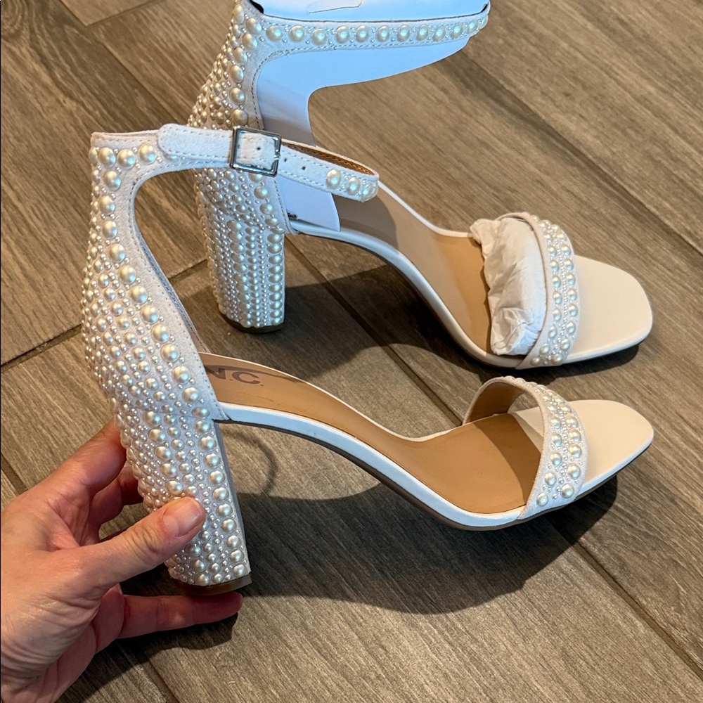 INC International Concepts White Pearl-Embellished Ankle-Strap Block Heel - Picture 6 of 9